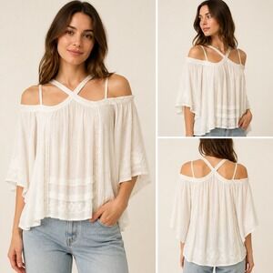 Free People Oversized Peasant Top XS Ivory Strappy Embroidered Boho Bell Sleeve